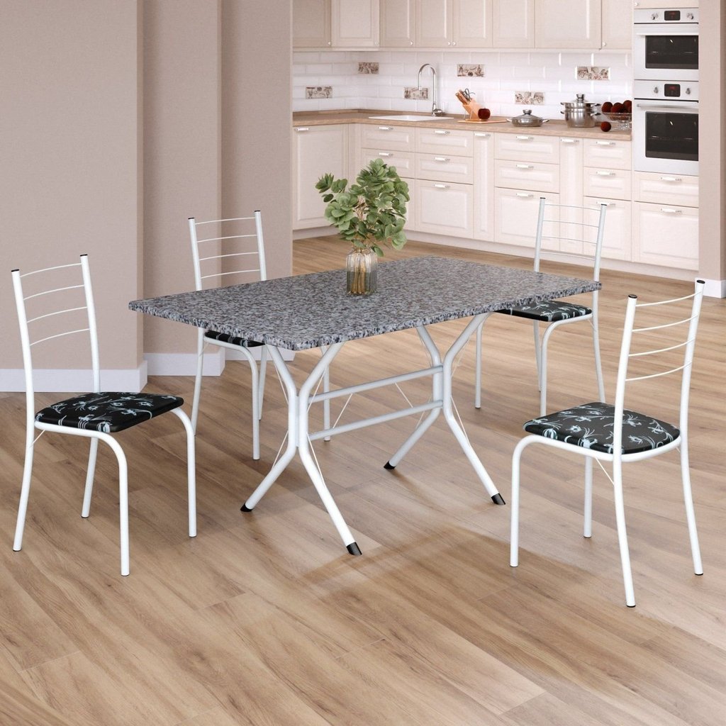 Conjunto Sala de Jantar Mesa Retangular 120x75cm Tampo Granito Ocre 4 Cadeiras Rio Branco/Preto Floral Preto