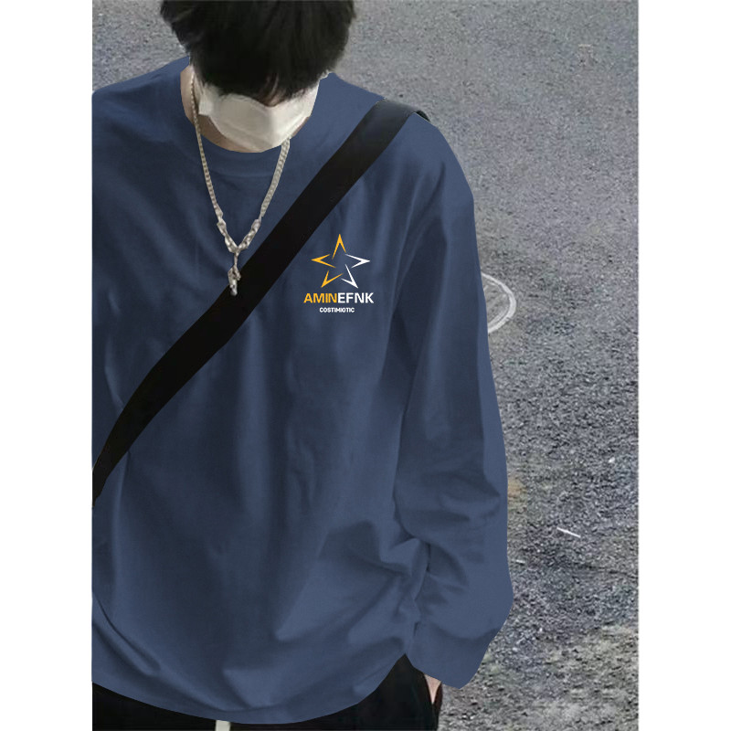 Camiseta masculina de manga comprida de algodão puro primavera outono novo estilo americano High Street solto Casual All