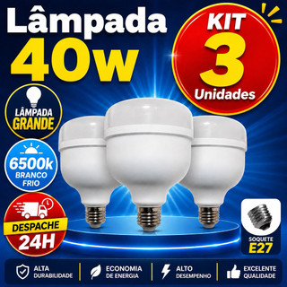 03 Unidades Lâmpadas Alta Potencia 40w 6500K Super Bulbo Forte Luz Branca 110v/220v Bivolt