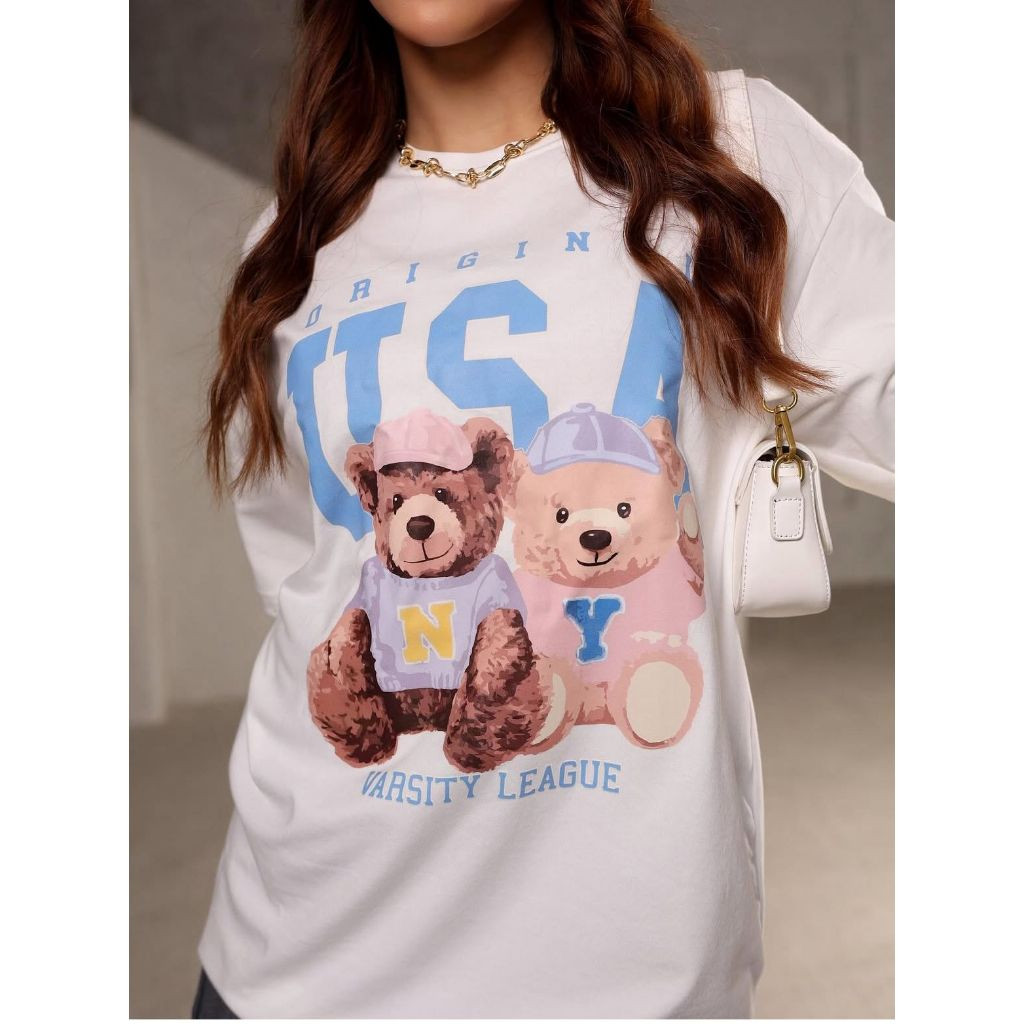 [Camiseta Premium em Algodão Puro]SISI Camiseta Feminina 100%  Algodão Estampada Ursinho Usa Estilosa Over Verão