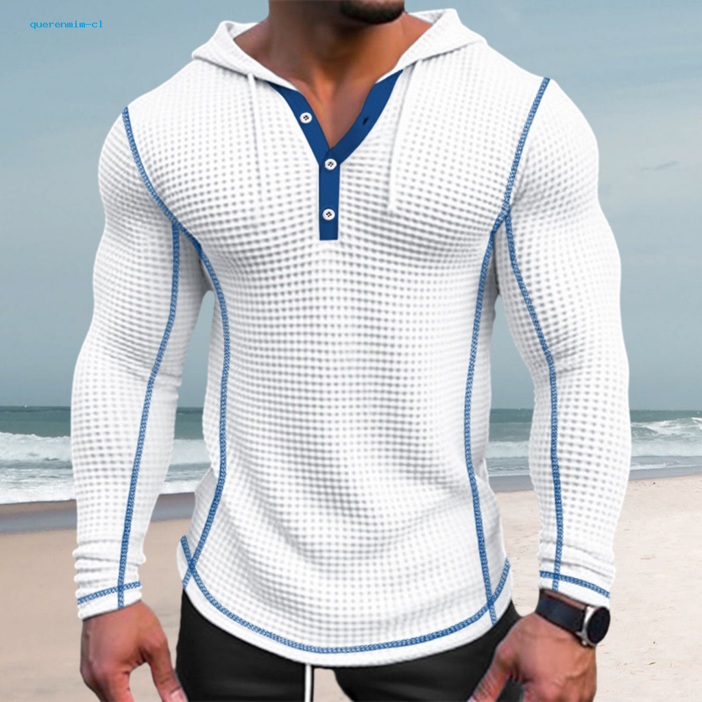 Men Polyester Hoodie Breathable Waffle Fabric Sweatshirt Men's Slim Fit Cotton Long Sleeve Pullover with Button Closure