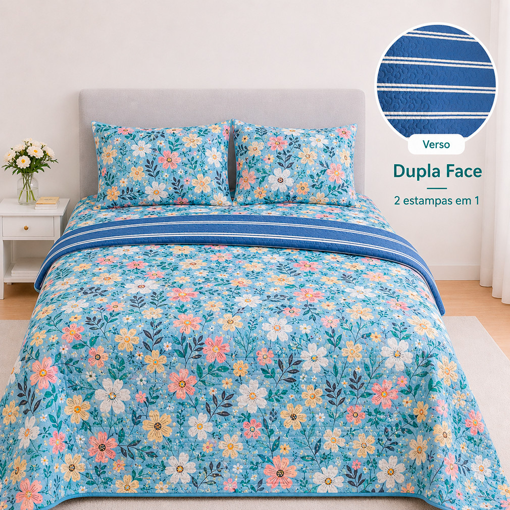 Kit Colcha Cobre Leito Casal Queen Dupla Face 2 Porta Travesseiros Estampada Matelado