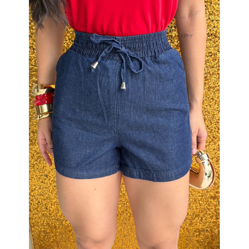 Shorts Feminino Jeans Escuro Cintura Alta com elástico e cordão, Casual, Confortável, Moda Verão em Oferta na Shopee