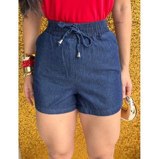 Shorts Feminino Jeans Escuro Cintura Alta com elástico e cordão, Casual, Confortável, Moda Verão em Oferta na Shopee