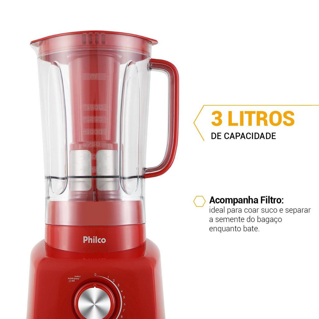 Detalhes do Liquidificador Philco 1200W 3L 12 Velocidades Vermelho PH900