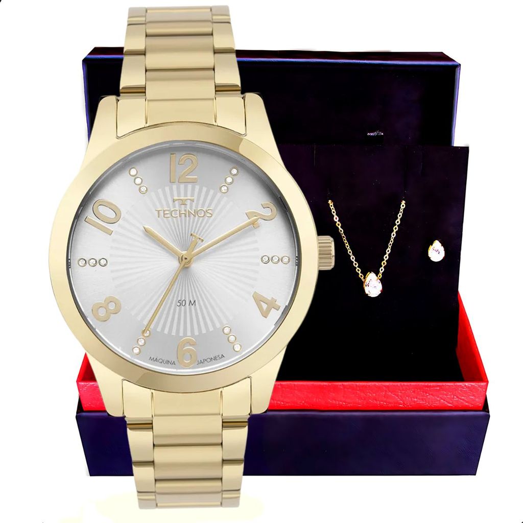 Relógio Feminino Technos Dourado Analógico 2035NAY/1K Colar e Brincos em Oferta na Shopee