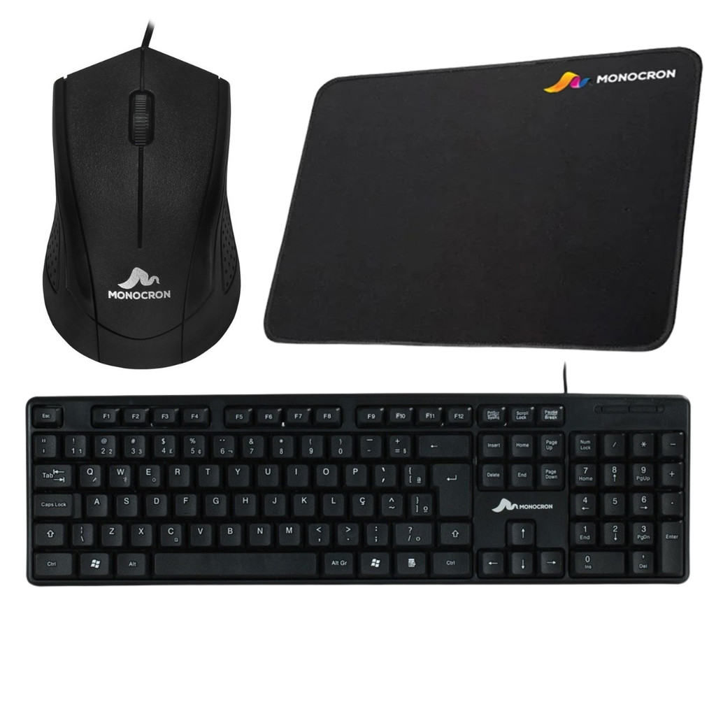 Kit Mouse e Teclado Com Fio e Mouse Pad PT-BR Preto Monocron