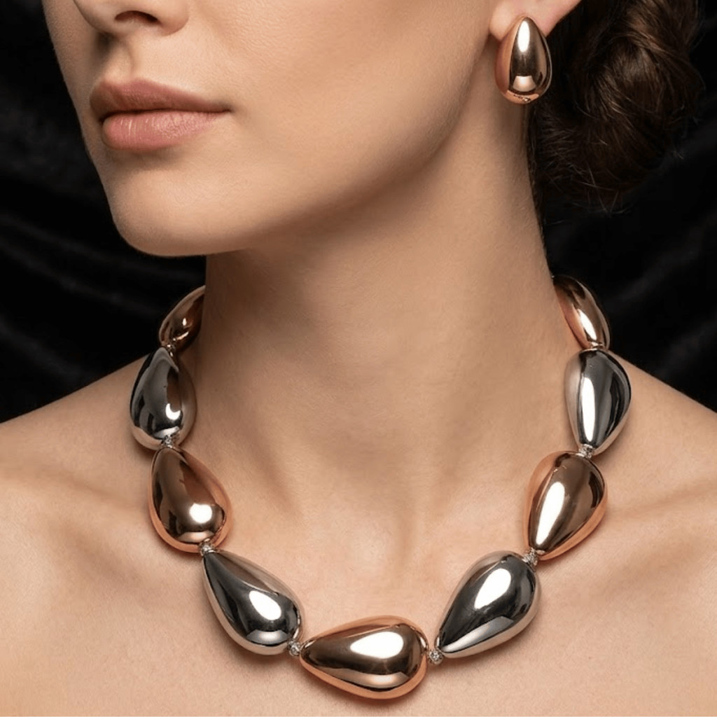 Conjunto Colar e Brinco Gota Feminino Prata Dourado e Bicolor Elegante