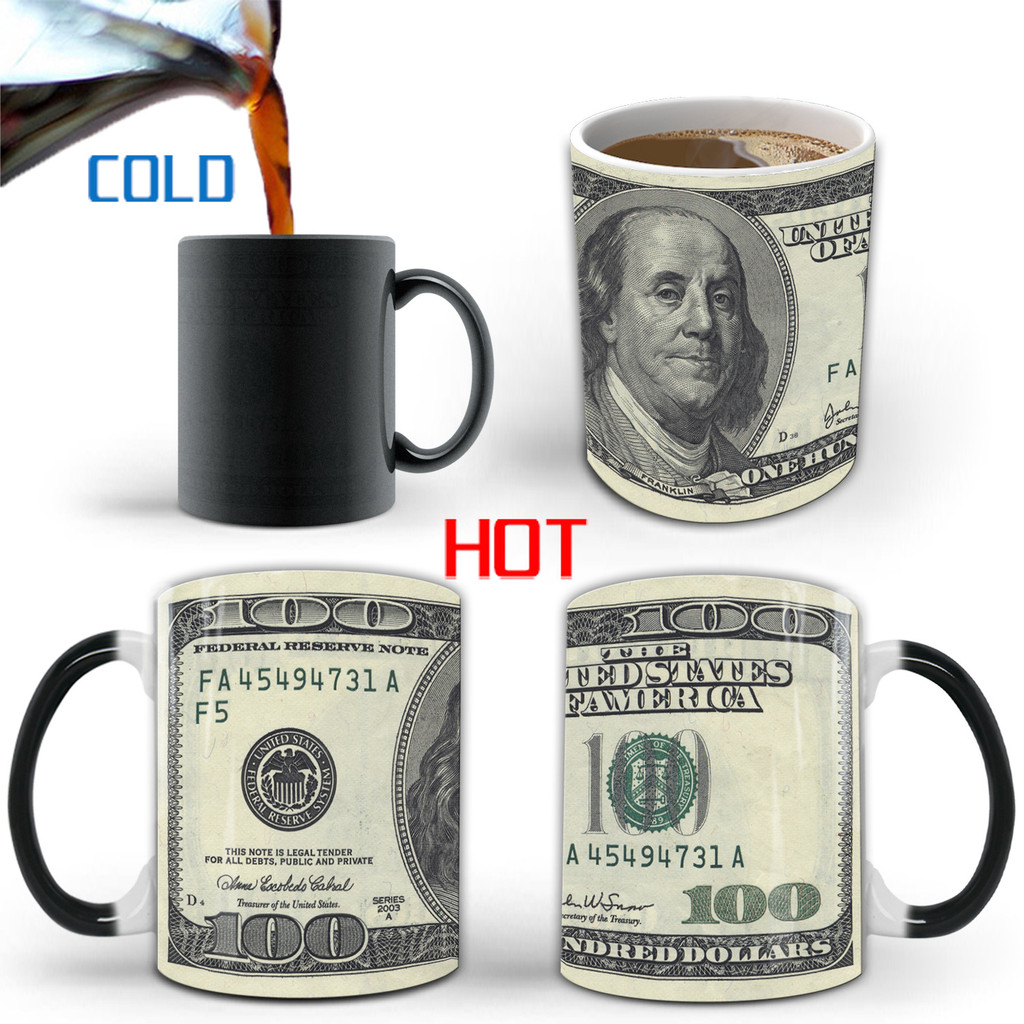 Comércio exterior criativo dólares dólares caneca que muda de cor cerâmica resposta térmica sensor de temperatura magia