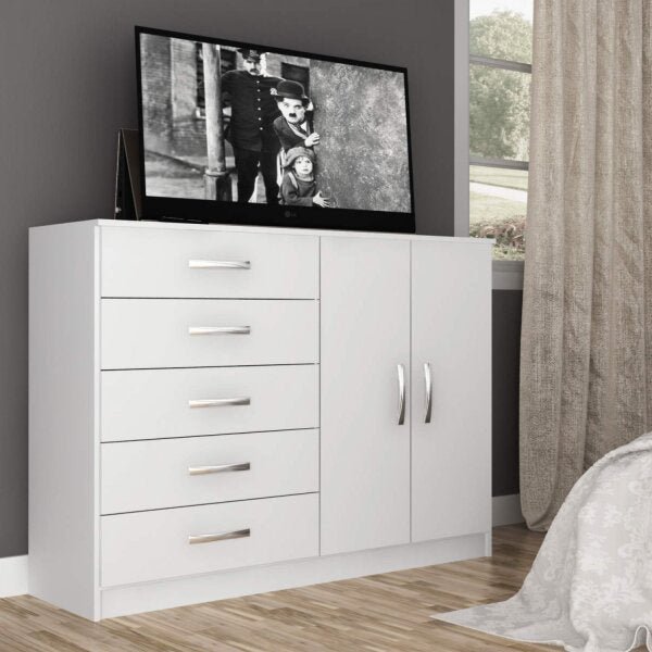 Cômoda para Quarto 5 Gavetas e 2 Portas Austin Branco Branco