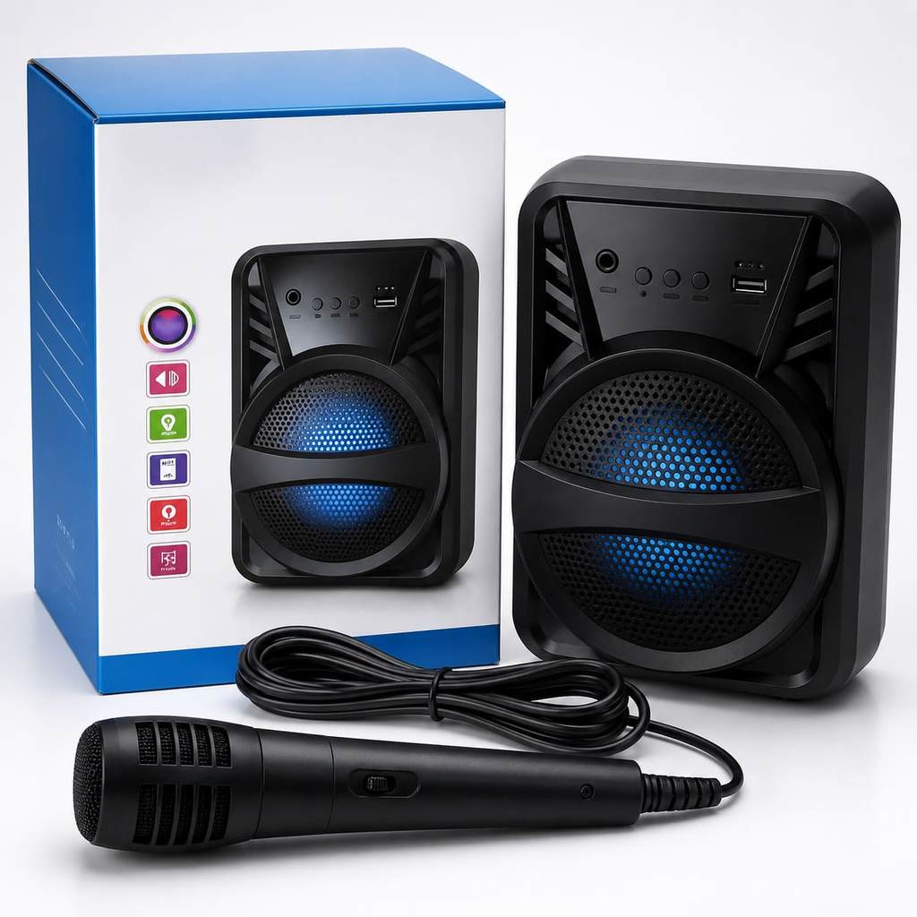 Caixa Som Bluetooth Portátil Karaokê Com Microfone Led Subwoofer Usb Aux