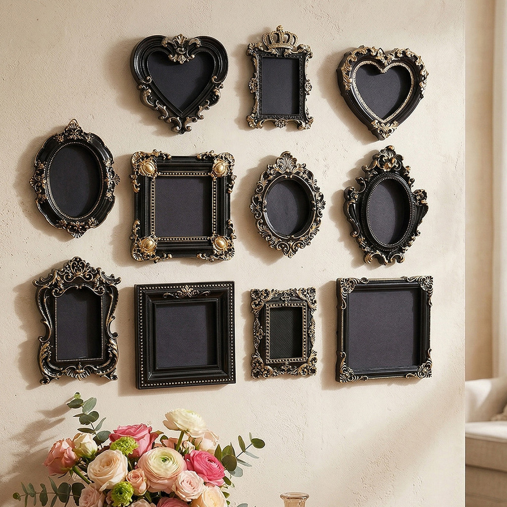 Europeu Retro esculpido Mini moldura de parede pendurado clássico palácio decoração da parede preto ouro em relevo decor