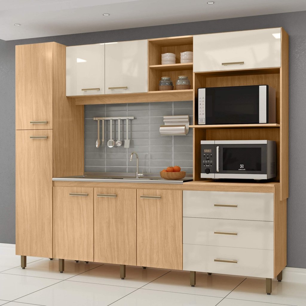 Cozinha Compacta Modulada 8 Portas e 3 Gavetas Vitória Amêndoa/Avelã