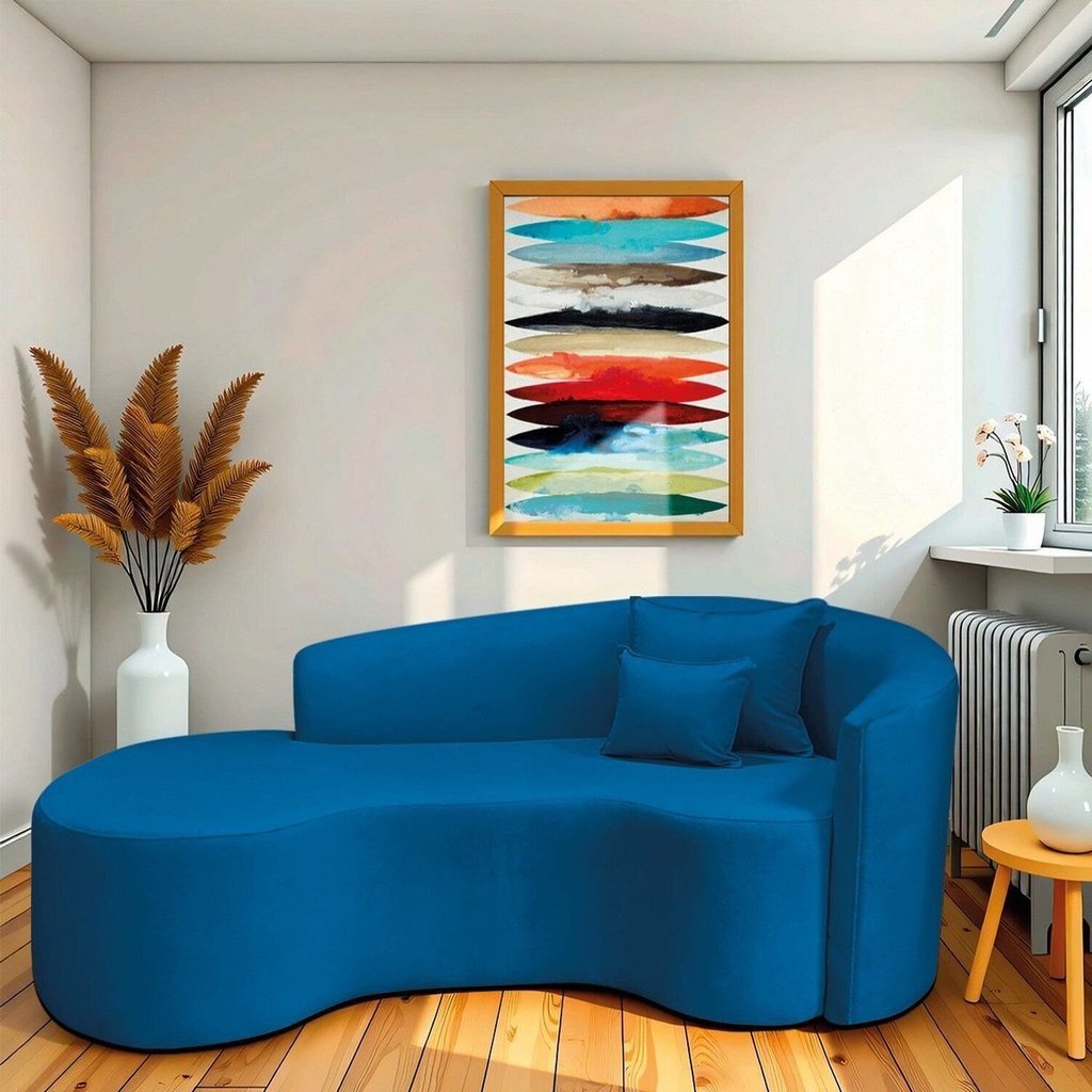 Recamier Curvo Orgânico 180cm 3 Lugares Lado Esquerdo para Sala de Estar Linho Londres Azul Royal Azul Royal