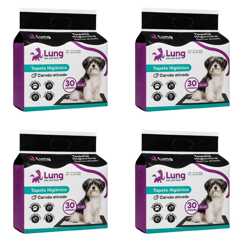 Kit 4 Tapete Higienico com Carvão Ativado 50x60cm 30Un p/ Cachorro Pet Gel Absorvente Borda Colante