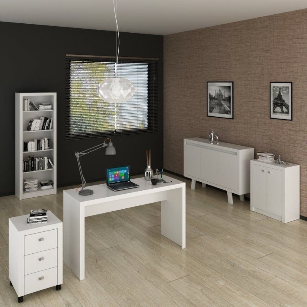 Conjunto 5 Peças 1 Escrivaninha, 2 Balcões, 1 Estante e 1 Gaveteiro Espresso Móveis Branco Branco