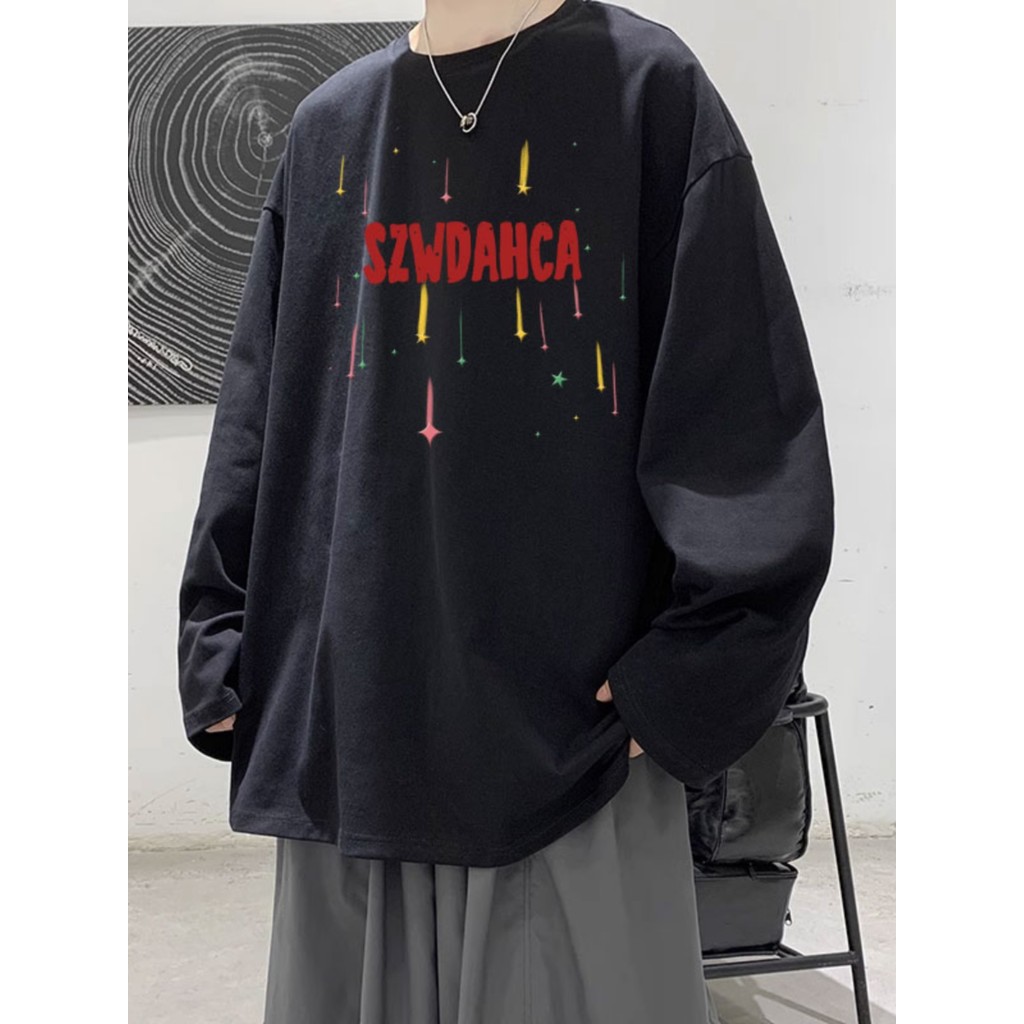Americano High Street puro algodão de manga comprida camiseta masculina primavera outono ins na moda solto All-Match ruf