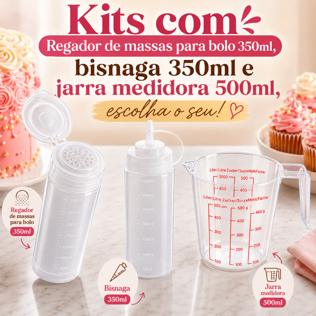 Kits com Regador Umedecedor de Massa 350ml Jarra Medidora 500ml Bisnaga 350ml Para Confeitaria Bolo
