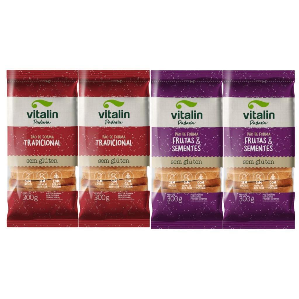 Kit 2 Pães de Forma Vitalin Tradicional + 2 Pães de Forma Vitalin Frutas e Sementes 300g