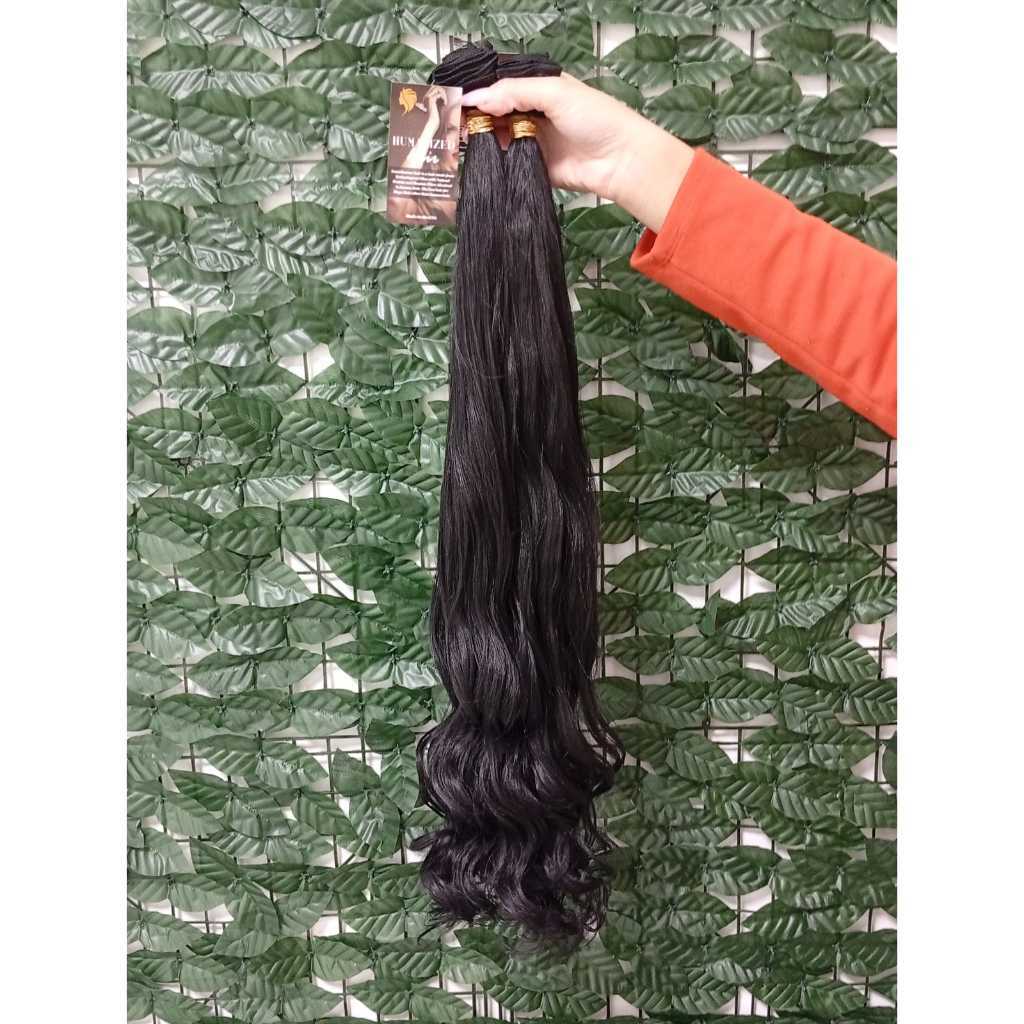 Aplique de Cabelo na Tela Mega Hair Natural Fibra Russa Ondulado Preto 60cm Premium Bella Hair