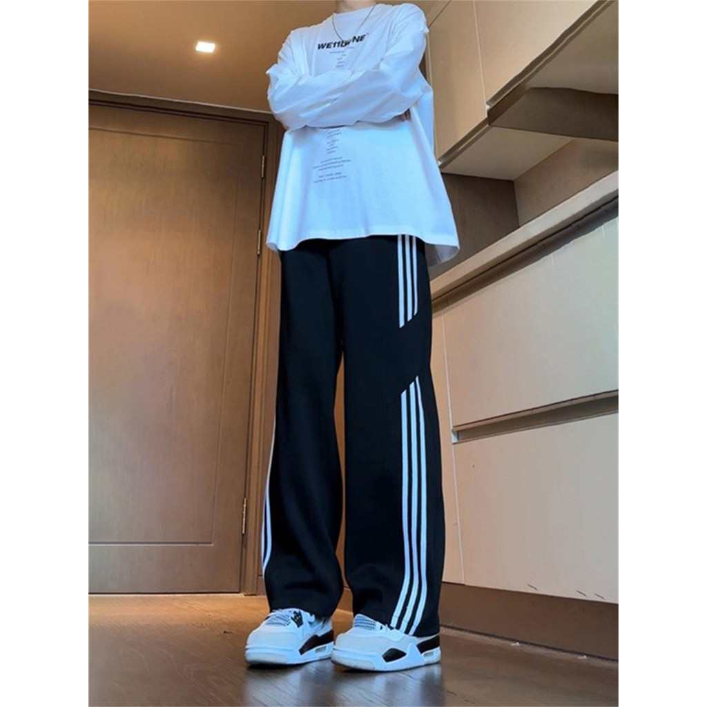 Preto Casual esportes Sweatpants masculino estilo americano contraste cor listrado adolescente calças retas estudante so