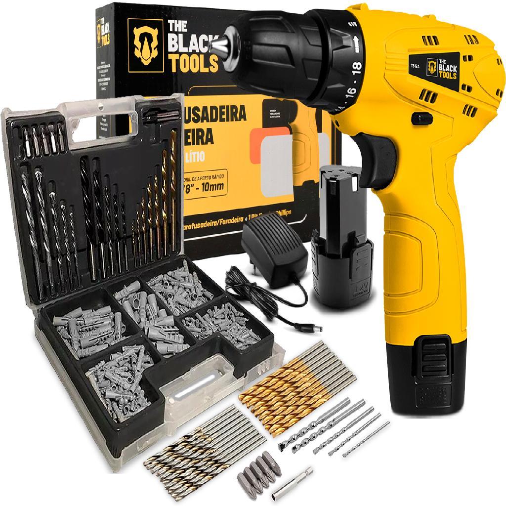Parafusadeira Furadeira 3/8 A Bateria Tb12a The Black Tools Jogo Brocas E Buchas 300 Peças