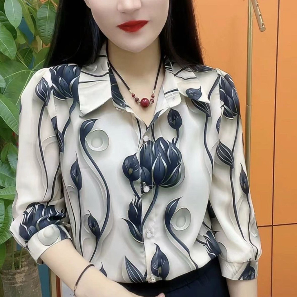 Blusa formal feminina de manga longa com botões de cetim, estampada, tamanho grande, camisa branca feminina, blusas form