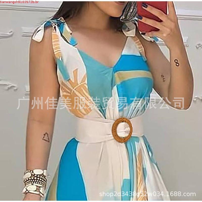 Vestido feminino longo com cinto Floral estampado boêmio sem mangas em forma de V