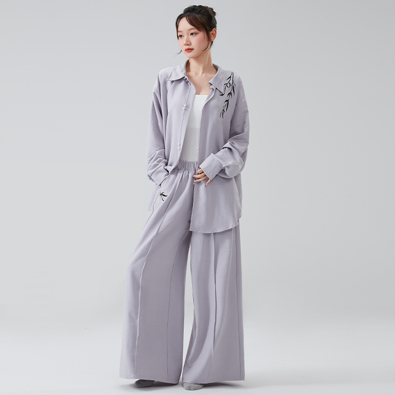 [Top + Calça] Dança Clássica Nova Solta Folha De Bambu Chinesa Bordada Camisa Conjunto De Calças De Perna Larga