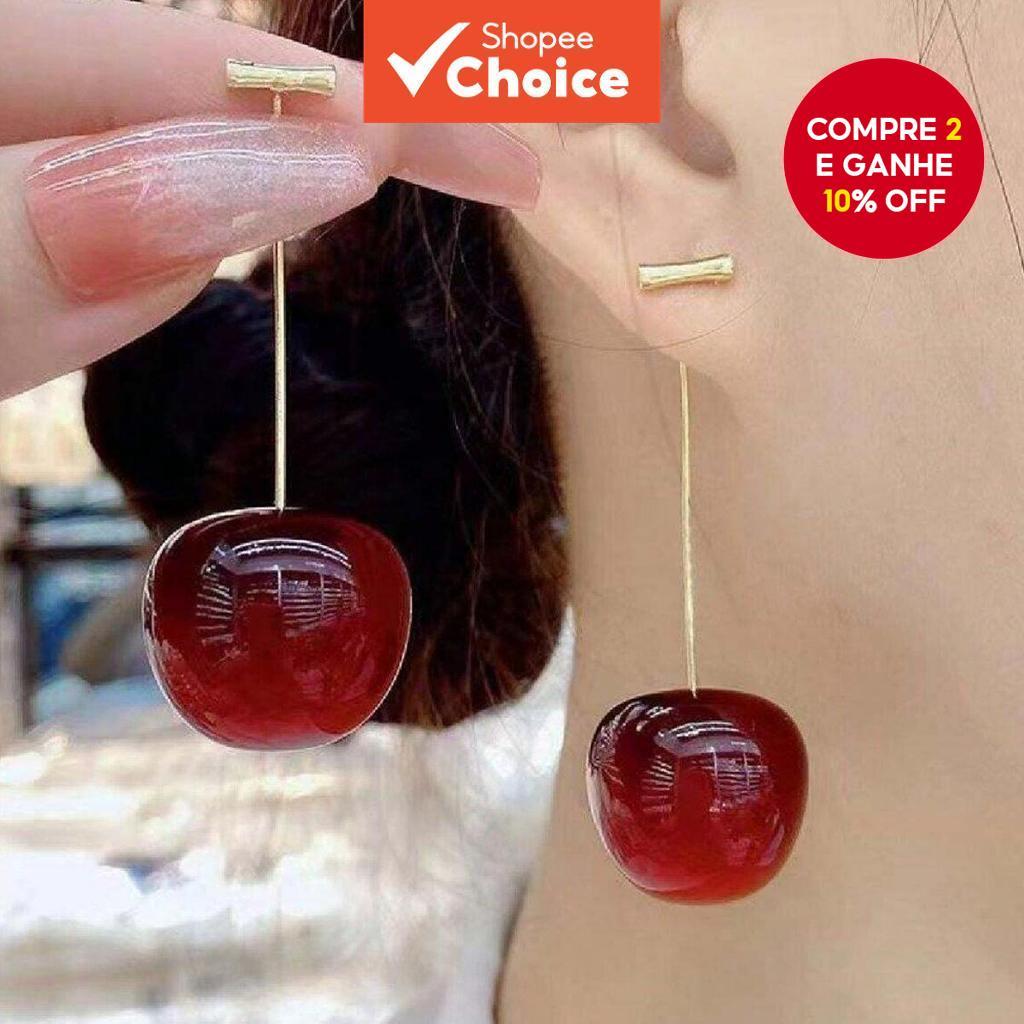 Brincos Modernos De Cereja : Joias Minimalistas Estilo Gancho Com Pingentes Encantadores