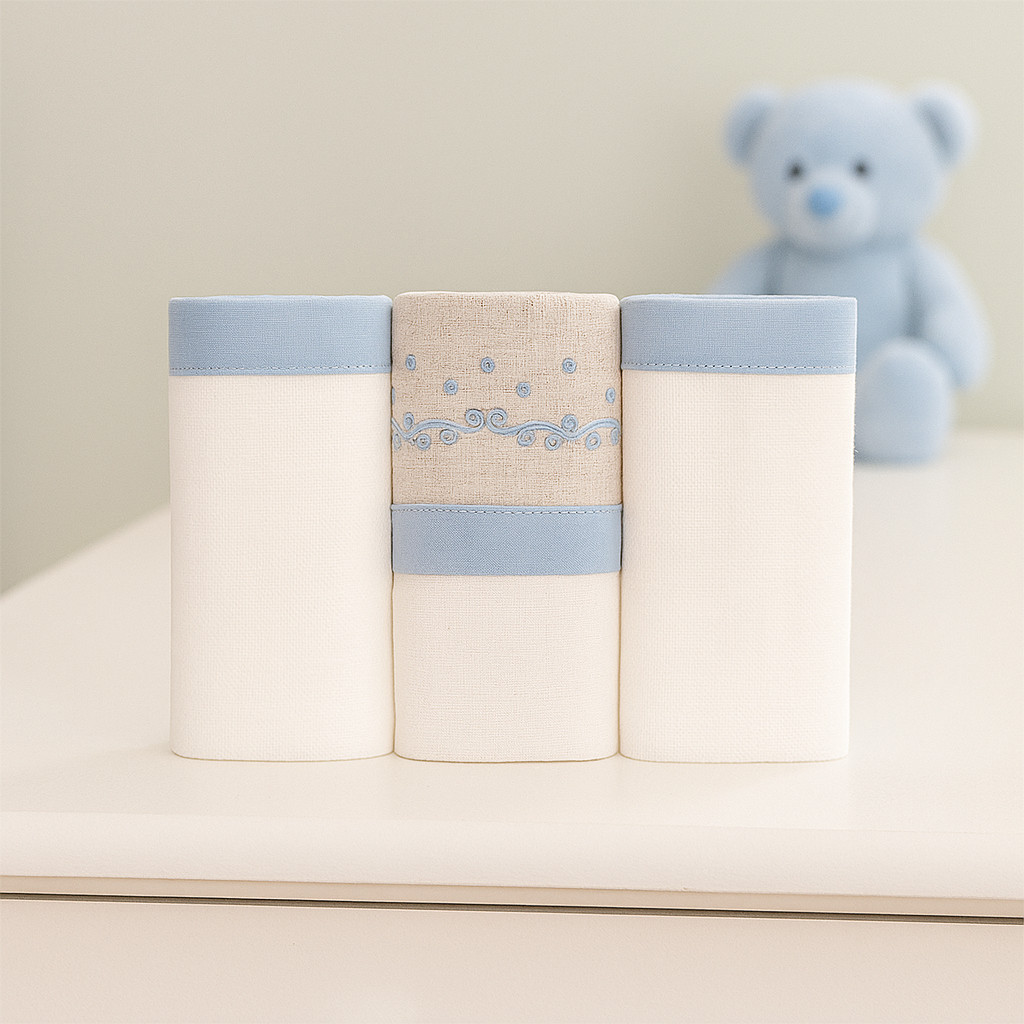 Kit Fralda Minasrey Loupiot Bordado Ramos Poá Azul - 3 Peças em Oferta na Shopee