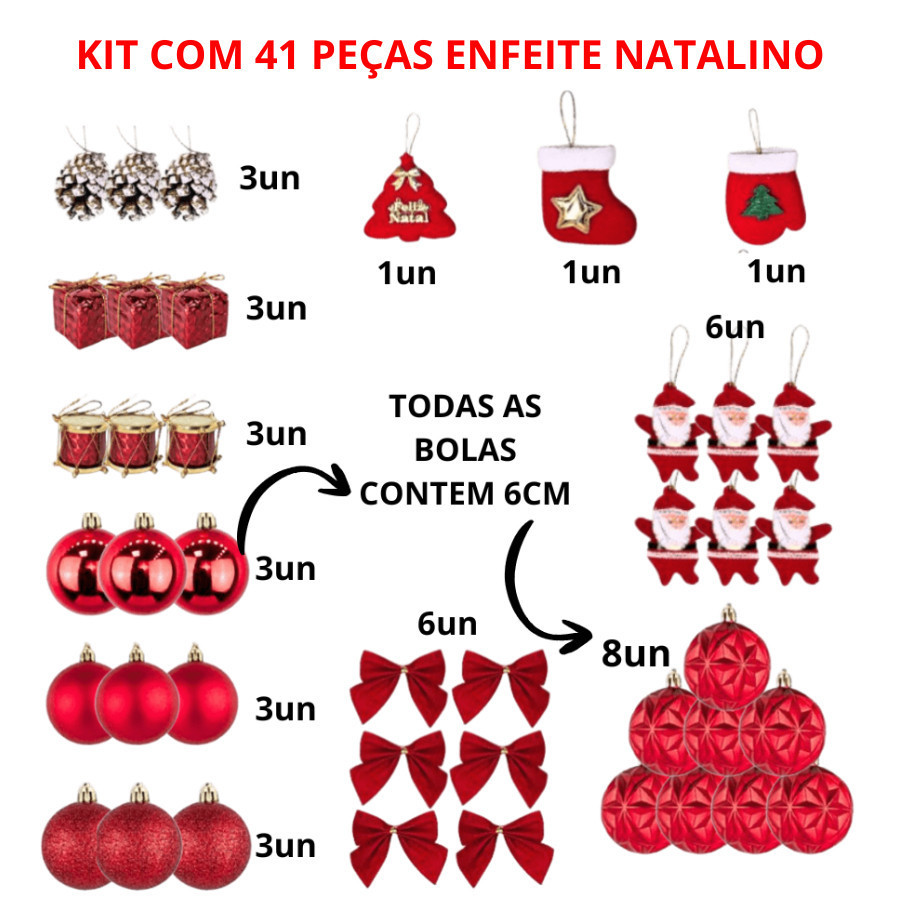 Kit Com 41 Peças De Enfeite Natalino Sortido Com Laço Bola Papai Noel Enfeite Tecido E Diversos