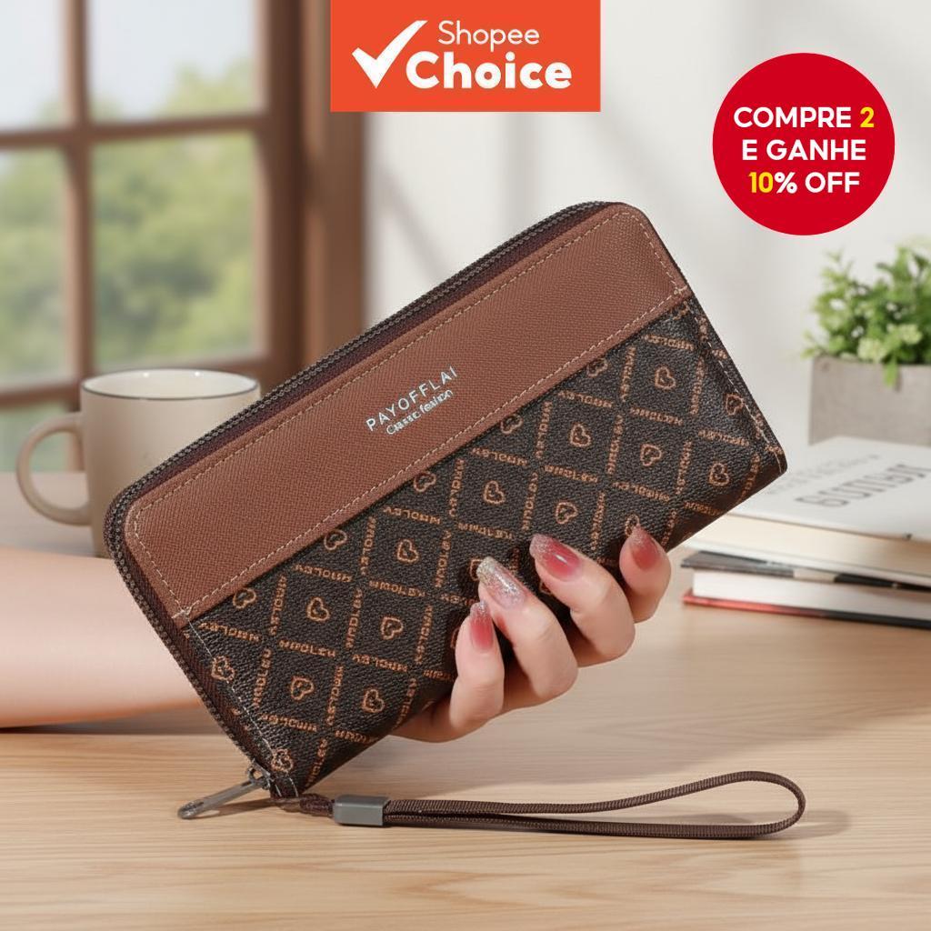 Carteira de Couro Feminina, Bolsa de Mão para Negócios, Duplo Zíper, Clutch para Celular, Porta Cartão de Crédito