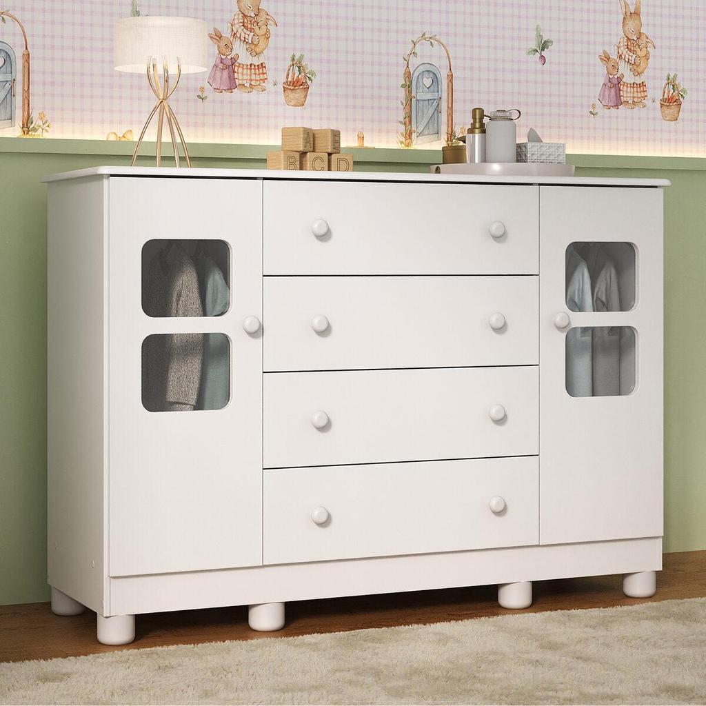 Cômoda Infantil 125cm 2 Portas com Vidro e 4 Gavetas Sol Multimóveis MP4423
