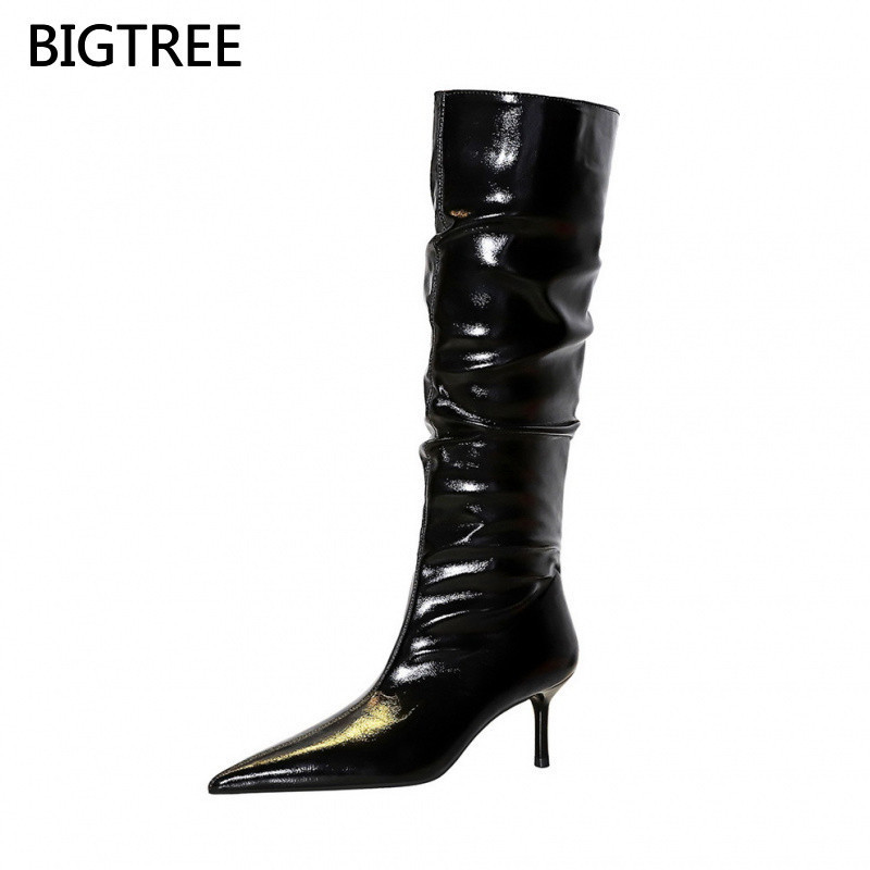 5,5cm Botas Femininas BIGTREE 328-18 Retro Inverno Novas Botas Altas de Salto Médio Stiletto em Couro Envernizado Enruga