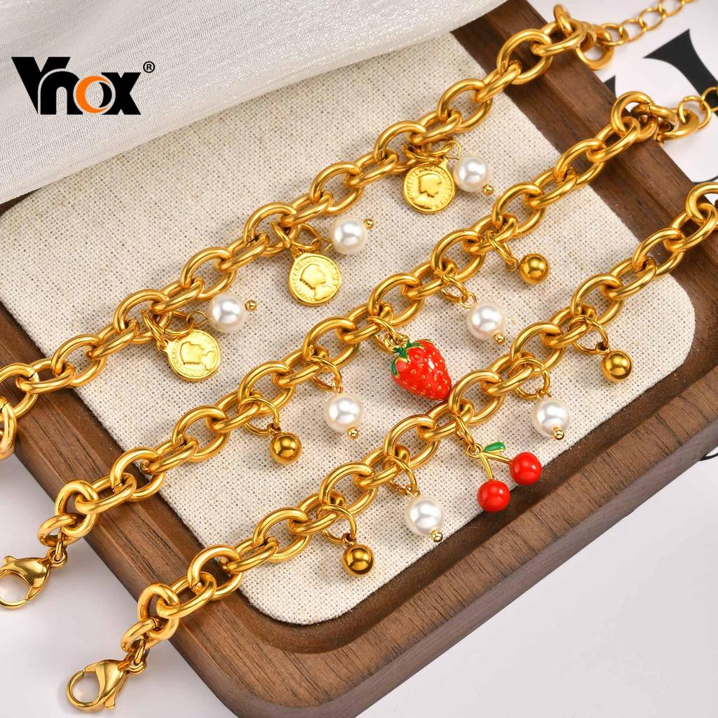 Vnox Encantos Delicado Morango Cereja Pérola Pulseira Para Mulheres Menina , De Aço Inoxidável Jóias Artesanais em Oferta na Shopee