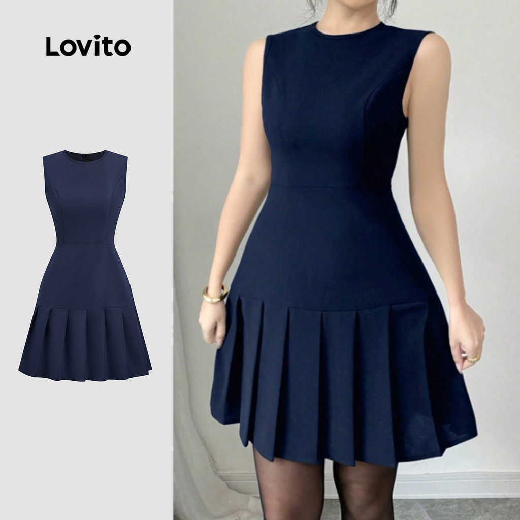 Lovito Vestido Casual Plissado Primavera/verão Vestido Azul Marinho para Mulheres L166AD405 em Oferta na Shopee