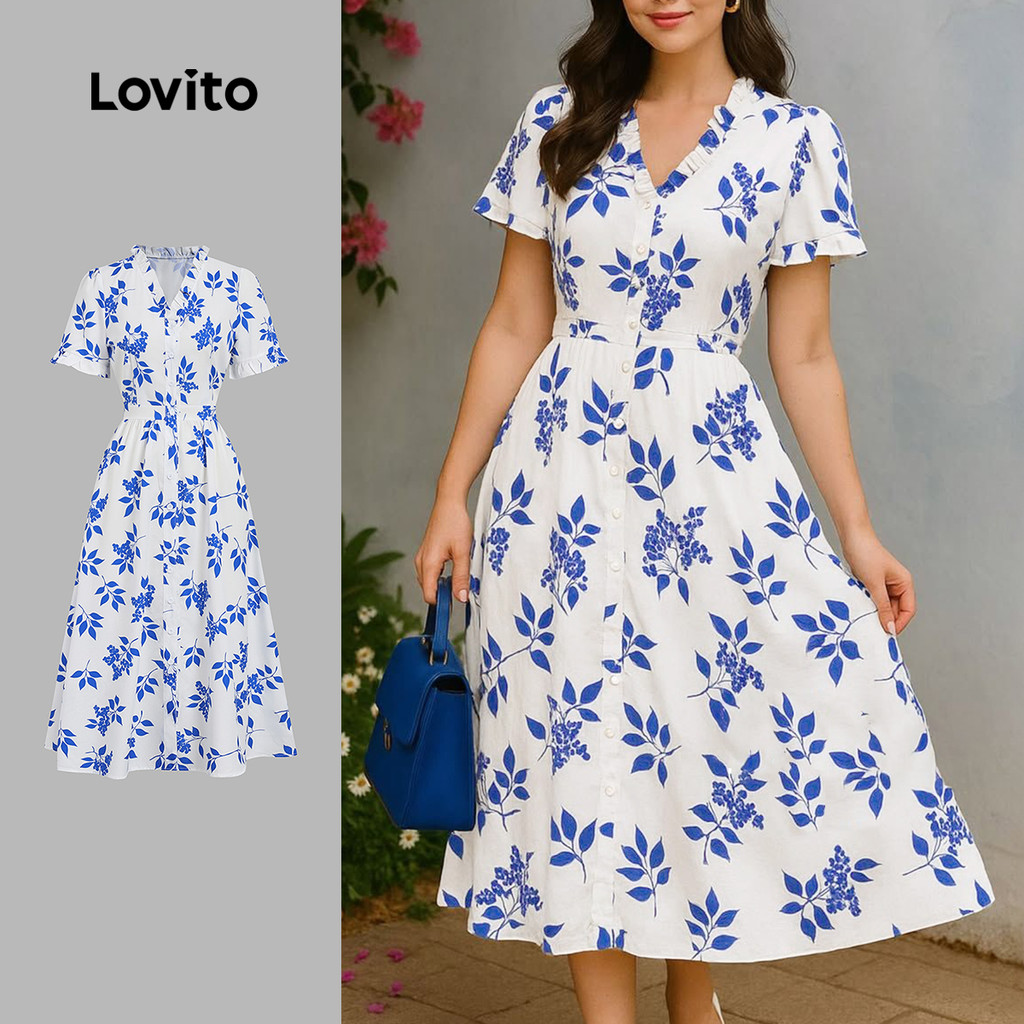Lovito Vestido Elegante com Acabamento de Alface Botão Frontal Primavera/verão Azul Branco LBL31041 em Oferta na Shopee