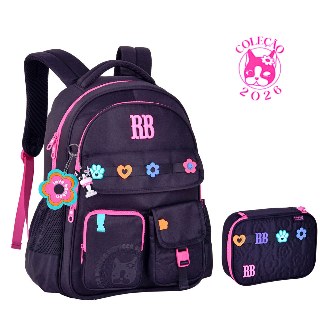 Kit Mochila de Costas Com Estojo Rebecca Bonbon Flower-Clio Style Cor:Preto em Oferta na Shopee