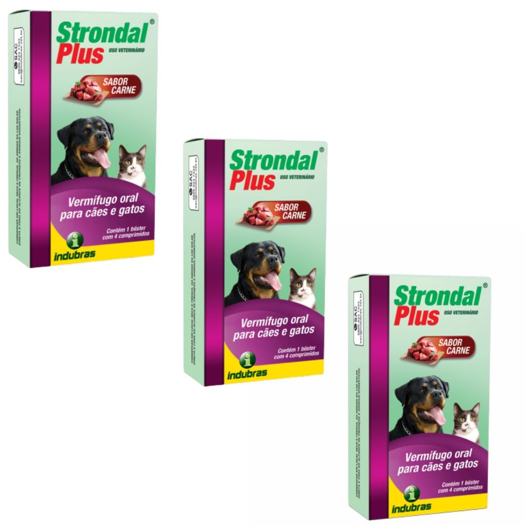 Kit 3 Strondal Plus Carne Vermífugo 4 Comprimidos Cães/Gatos em Oferta na Shopee