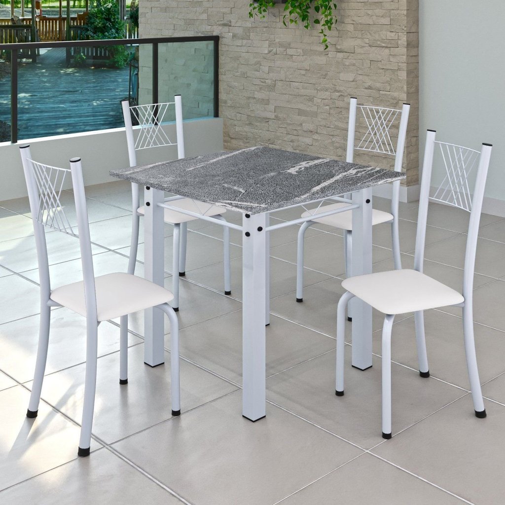 Conjunto de Jantar Mesa 70x70cm Tampo de Granito Topázio com 4 Cadeiras Sara Yescasa Branco/Liso Branco Liso