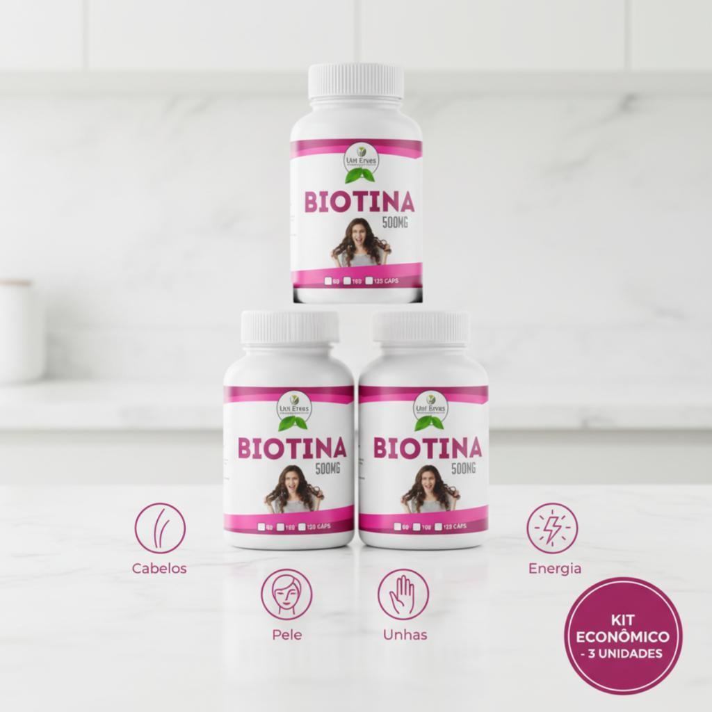 KIT 3 Biotina (Vitamina B7) 500mg 60 Cáp Fortalece Unhas, Cabelos e Pele - Metabolismo Energético
