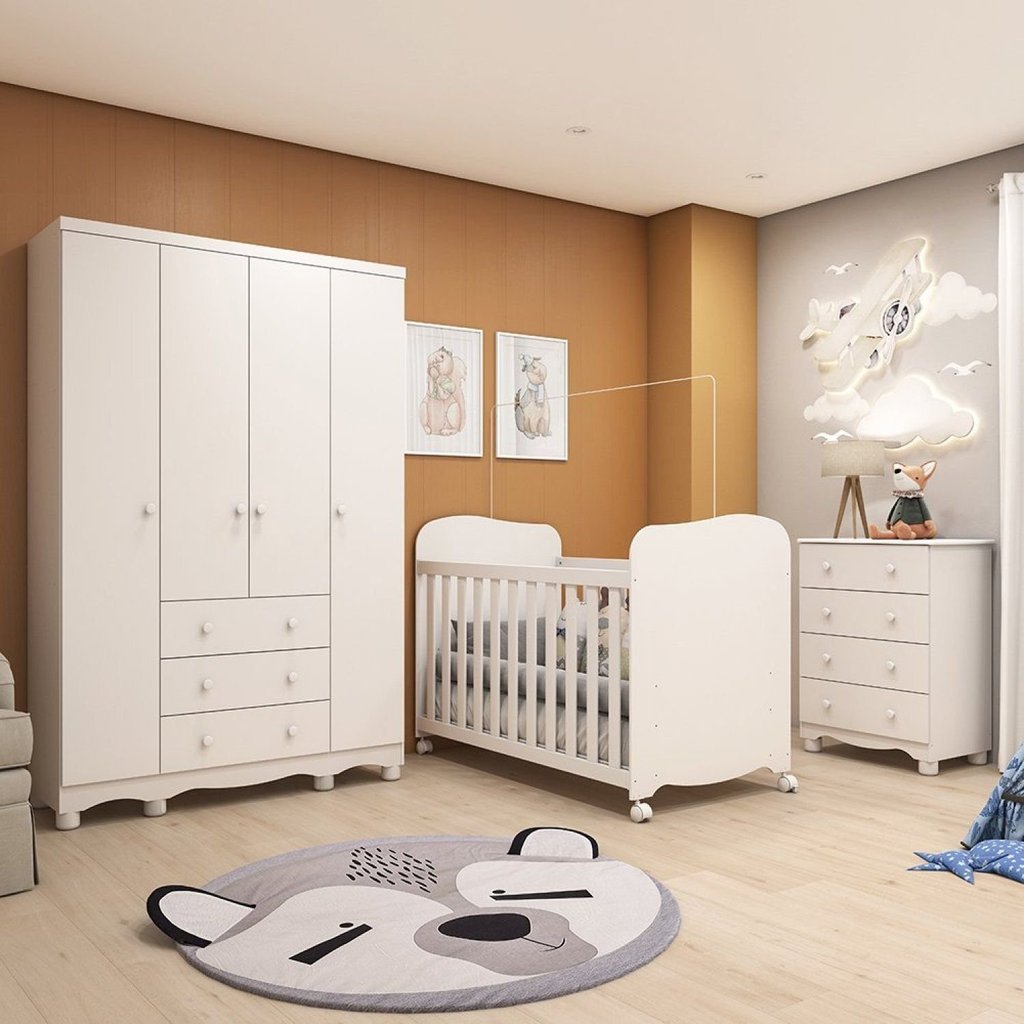 Quarto de Bebê Guarda-Roupa 4 Portas Cômoda e Berço Mimo MDF Espresso Móveis Branco Brilho Branco/Brilho