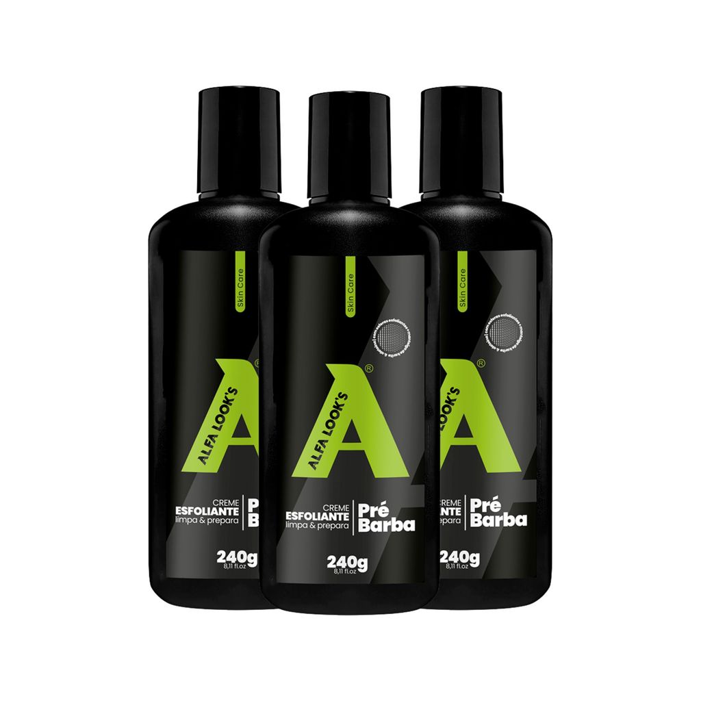 Kit 3 Creme Esfoliante Facial Pré-Barba Alfa Look’s 240g Limpeza Preparo Pele Masculino