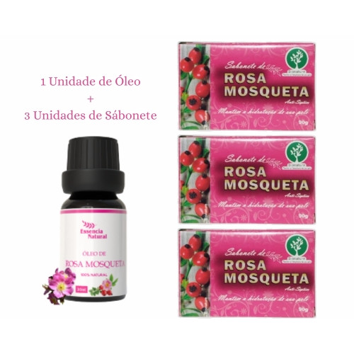 Kit 1-Unidade de Óleo Rosa mosqueta 30ml + 3-Unidades  de Sabonete Rosa Mosqueta  Esseência Natural