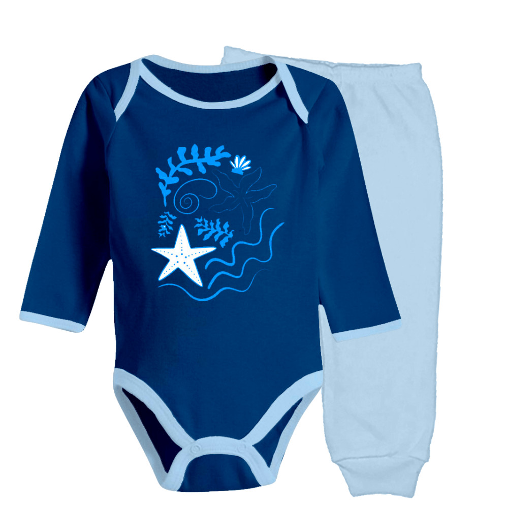 Conjunto Bebê Body Manga Longa Estampado e Mijão 100% Algodão