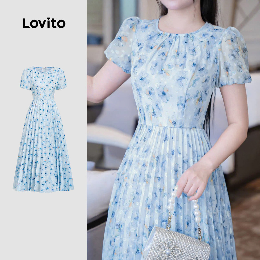 Lovito Vestido Elegante Plissado Primavera/verão Azul para Mulheres L164LD044 em Oferta na Shopee
