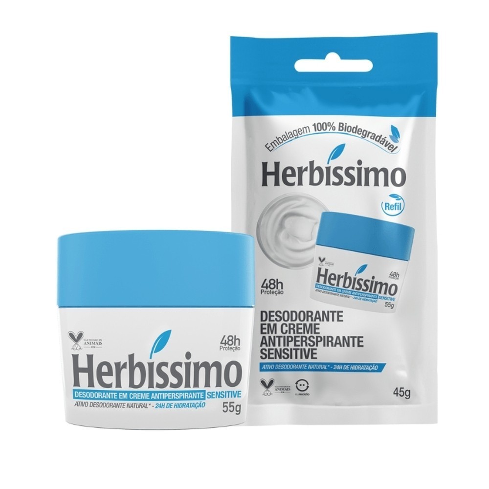 Kit 2 itens -  Desodorante Creme Antitranspirante Herbíssimo | Sachê Refil + Potinho | Sensitive 45g em Oferta na Shopee