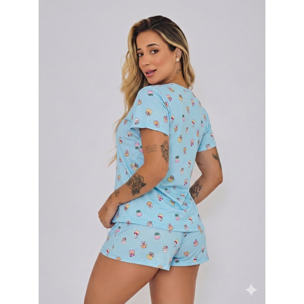 Pijama Baby Doll Feminino Estampado Fresquinho Roupa de Dormir