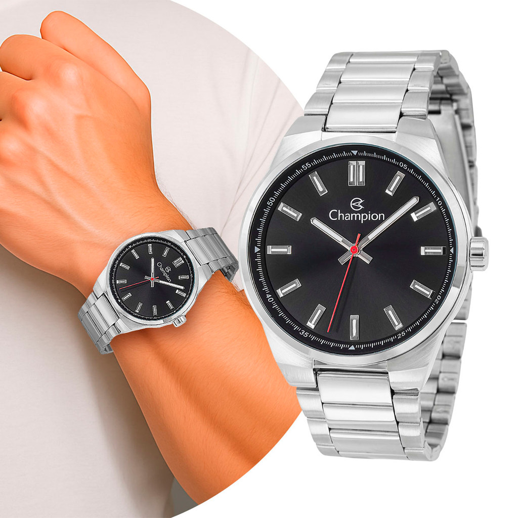 Relógio Masculino Preto Prata de Pulso Luxo Elegante Casual Social Pulseira e Caixa de Aço Inoxidável Champion Original